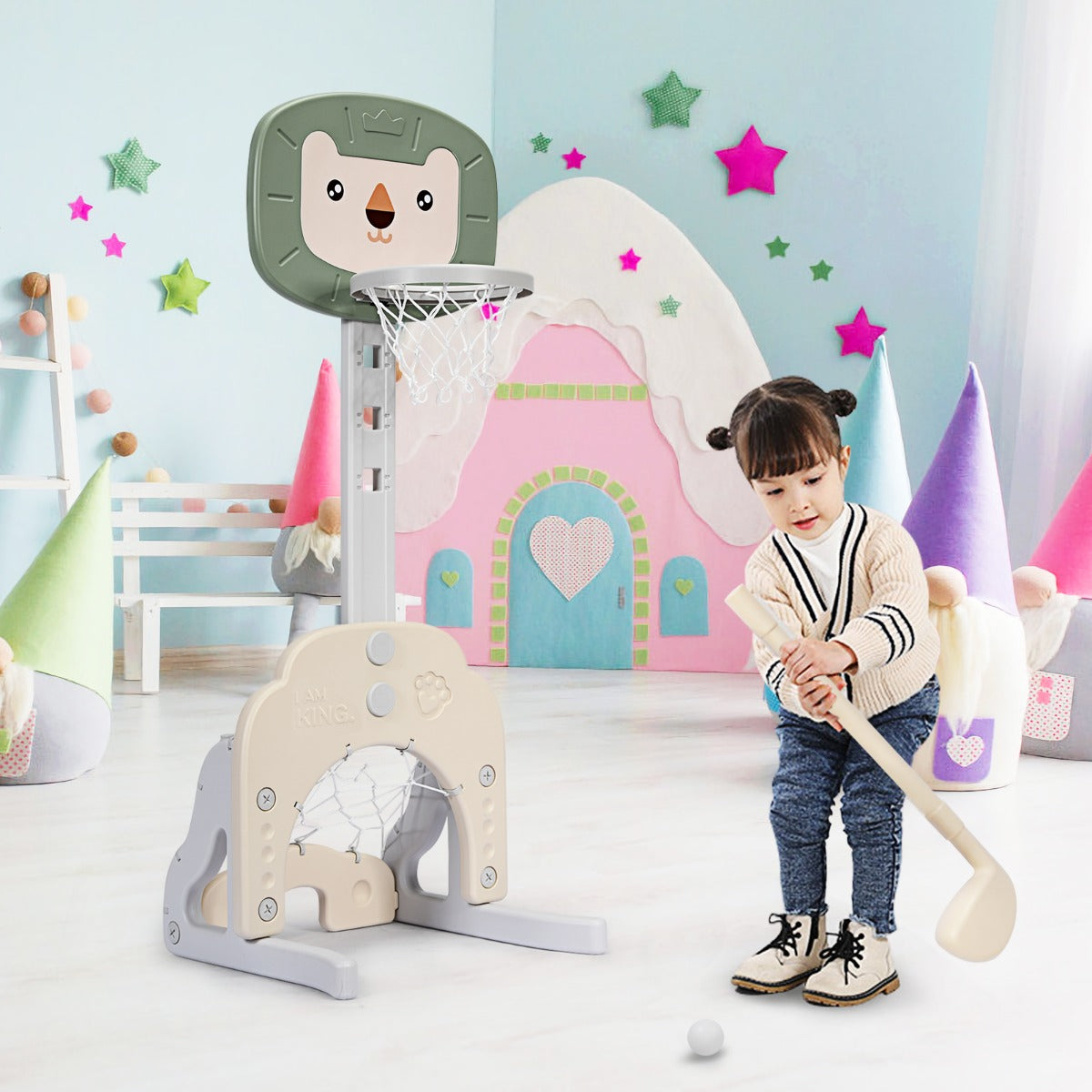 NNECW 3-In-1 Children's Playground with Height-Adjustable Basketball Stand Green